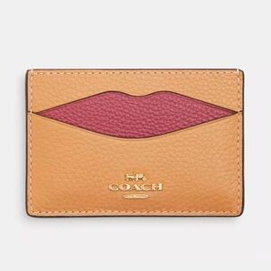 Coach Lips Card Case Wallet in Gold/Latte Multi Pink Tan Pebble Leather NWT